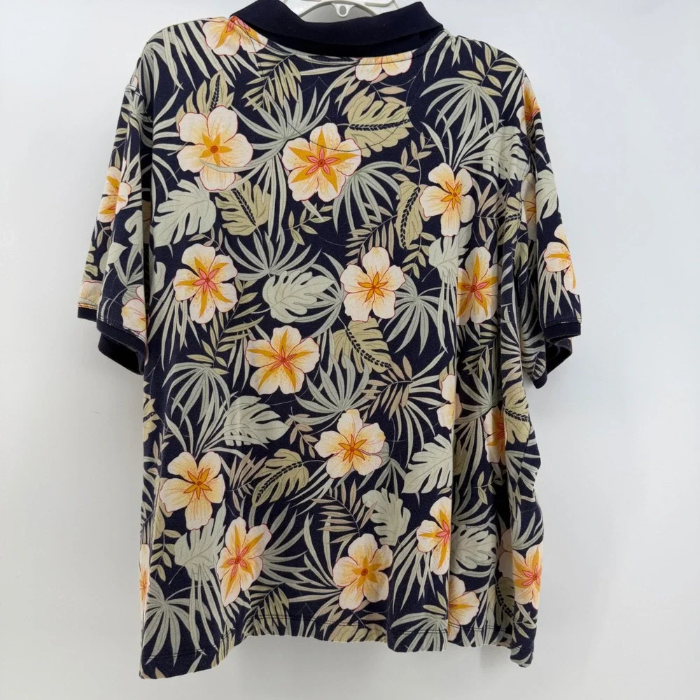 Caribbean Joe Polo Shirt Women 3X Navy Blue Tropical Floral Cotton Resort Casual - Picture 2 of 7